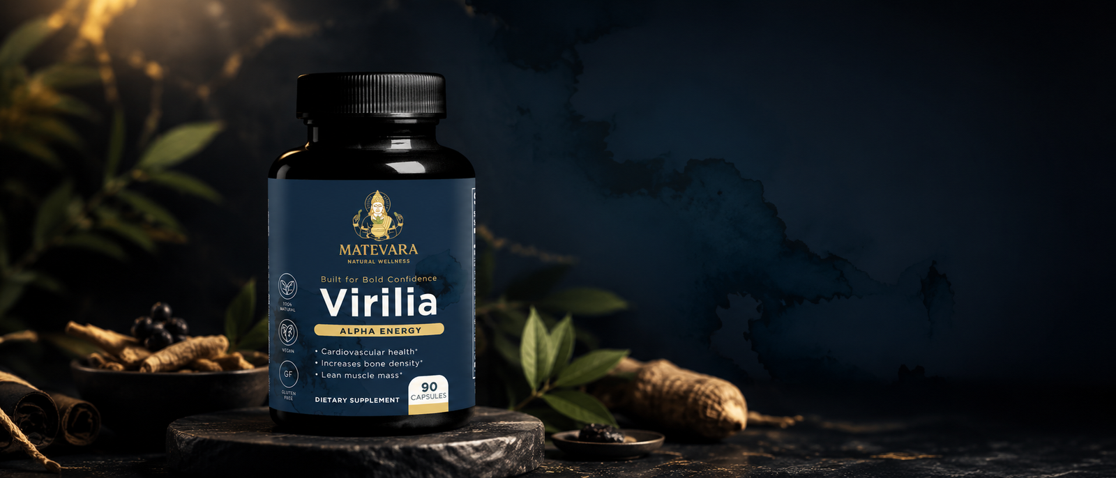 Virilia Alpha Energy bottle on dark stone with botanical roots and berries