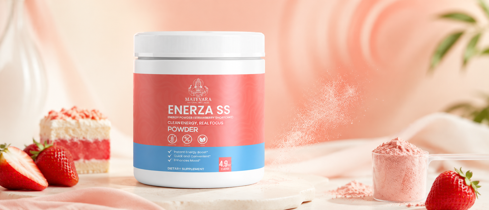Enerza SS strawberry shortcake energy powder jar with strawberries and powder scoop