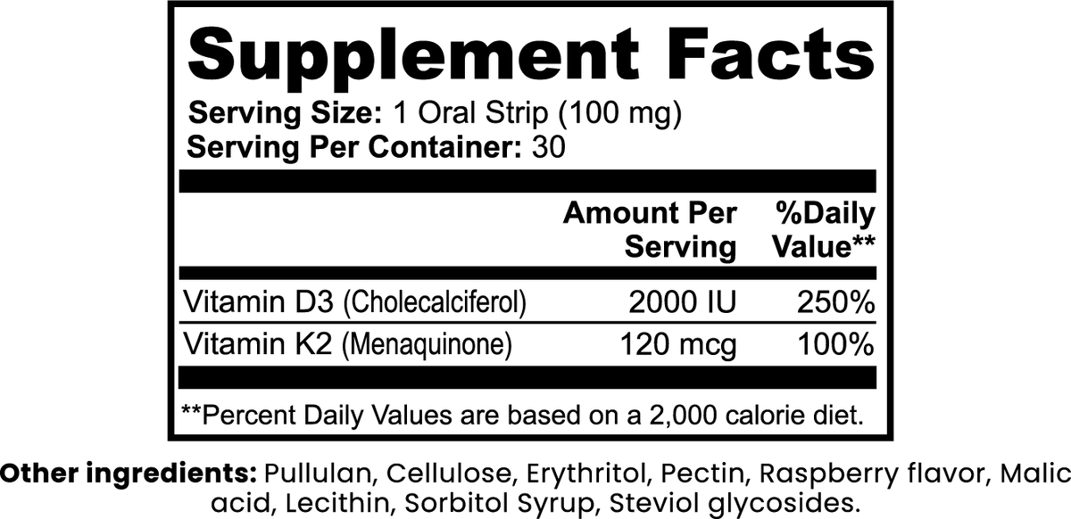 ALBA Vitamin D3 + K2 Supplement Strips | Bone Health & Calcium Support | Raspberry Oral Strips | 2000 IU D3 & 120 mcg K2 | 30 Count - Matevara