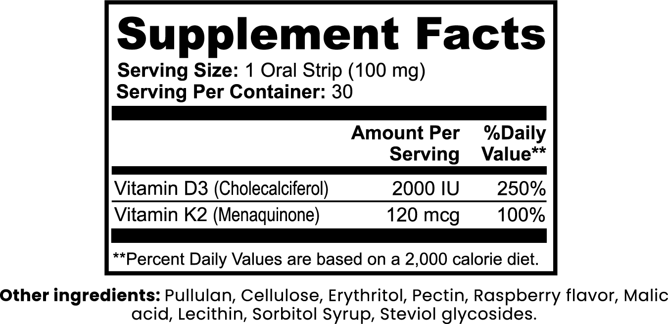 ALBA Vitamin D3 + K2 Supplement Strips | Bone Health & Calcium Support | Raspberry Oral Strips | 2000 IU D3 & 120 mcg K2 | 30 Count - Matevara