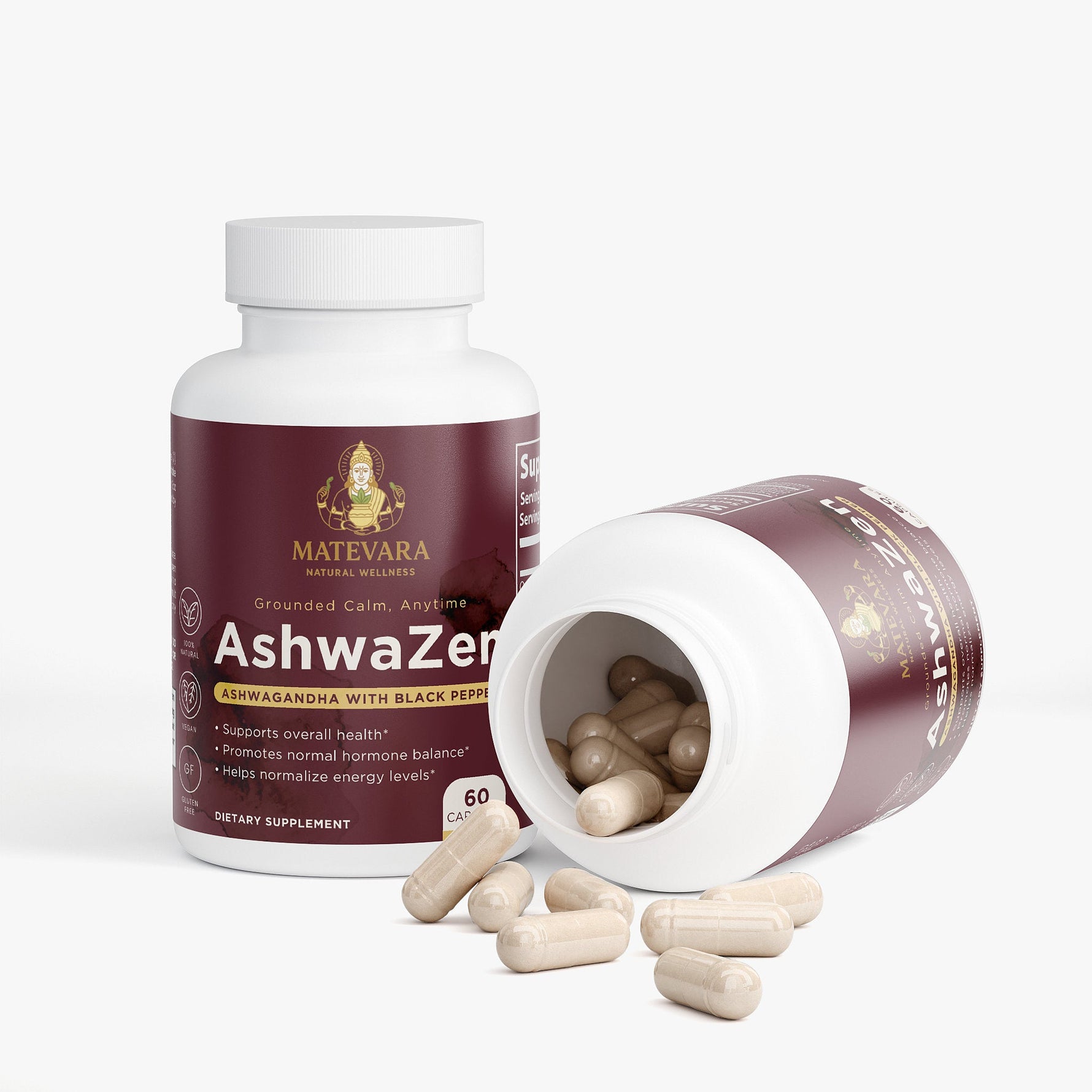 AshwaZen Organic Ashwagandha Capsules | Adaptogen for Stress Support with Black Pepper | 60 Count - Matevara