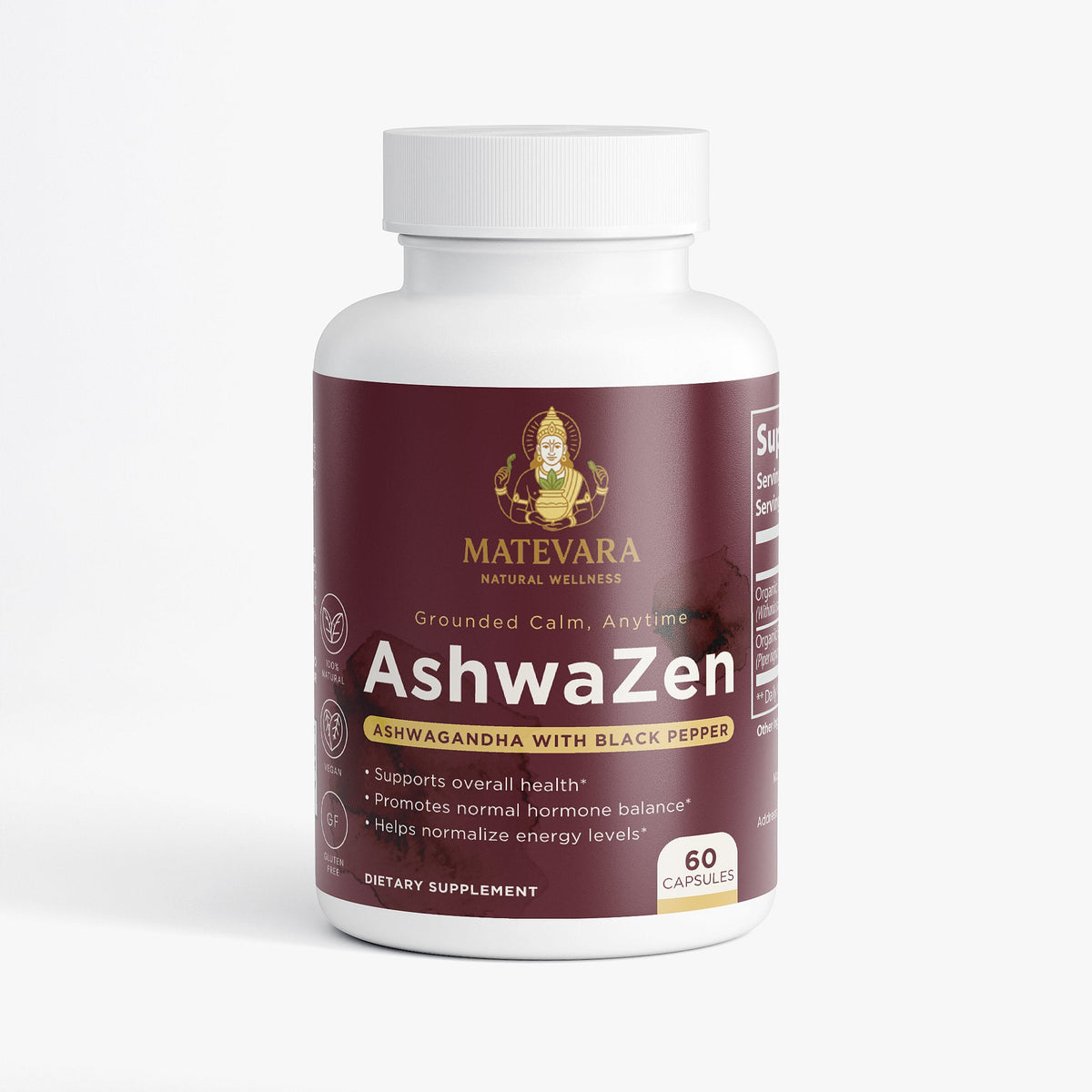 AshwaZen Organic Ashwagandha Capsules | Adaptogen for Stress Support with Black Pepper | 60 Count - Matevara
