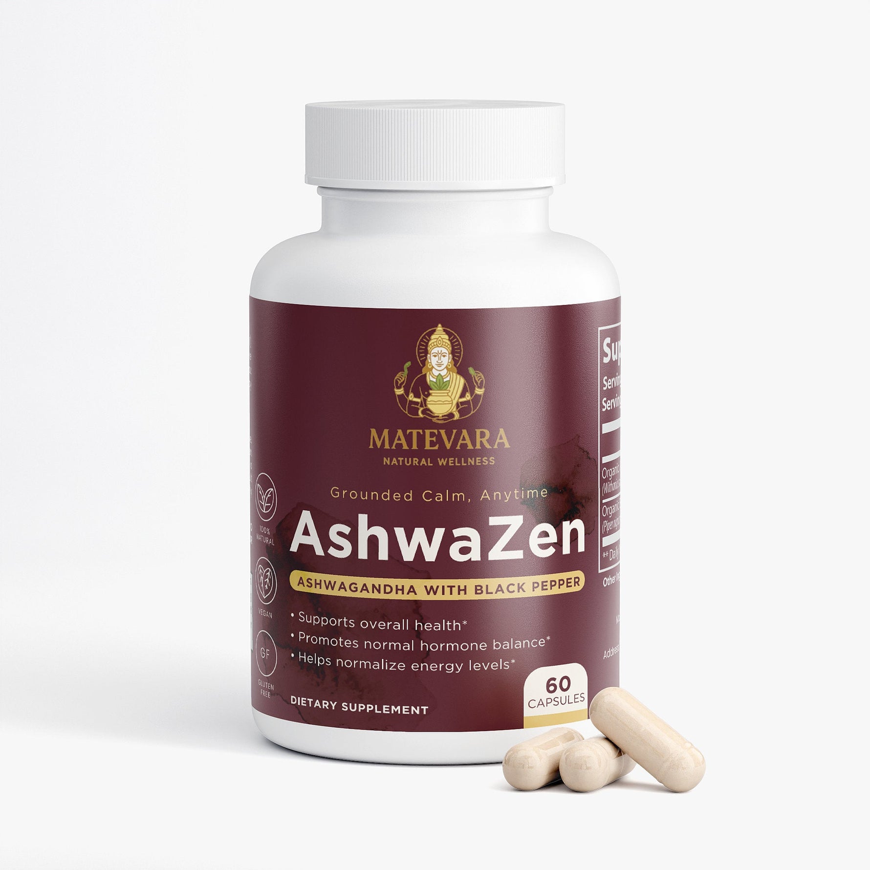 AshwaZen Organic Ashwagandha Capsules | Adaptogen for Stress Support with Black Pepper | 60 Count - Matevara
