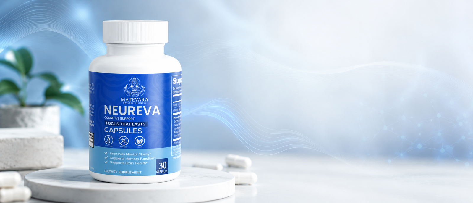 Neureva cognitive support bottle with calming blue neural backdrop