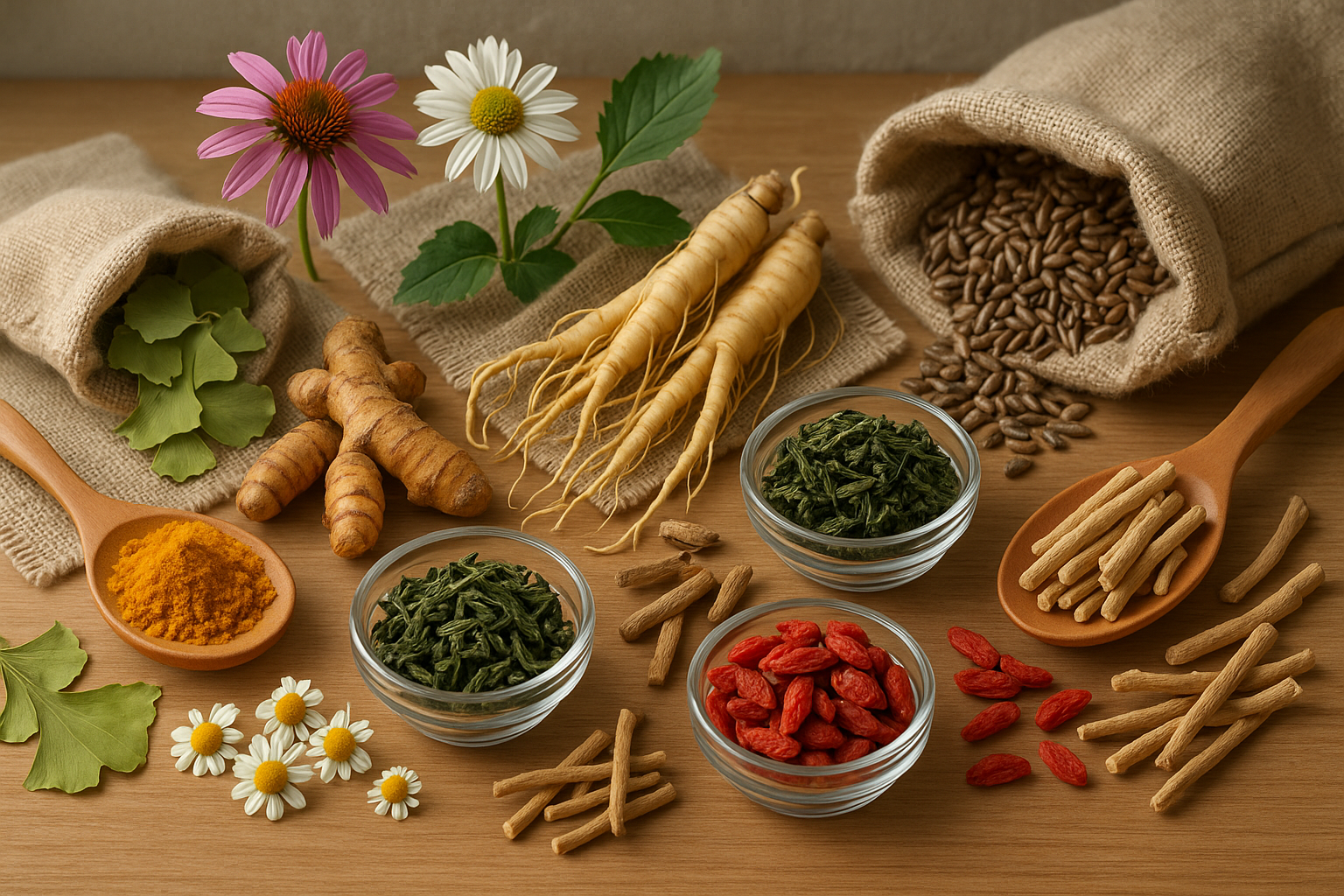 generate an image that displays herbal ingredients typically used for herbal supplements. laid out on a background that demonstrates the ingredients quality