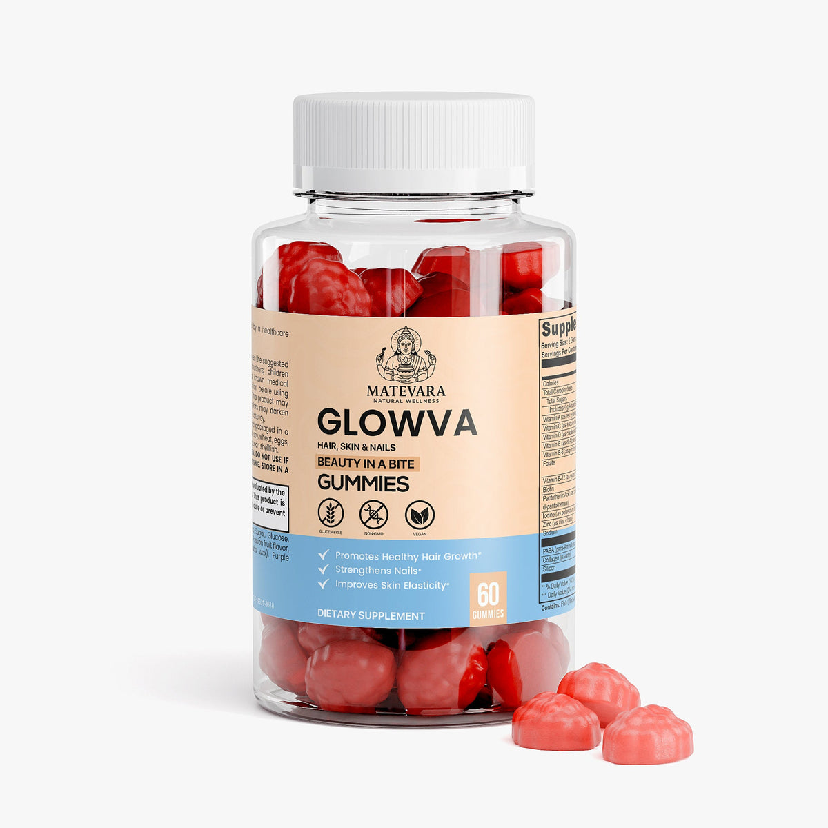 Glowva Hair, Skin & Nails Gummies | Biotin, Collagen, Vitamins A, C, E | Beauty Support Gummies | 60 Count - Matevara