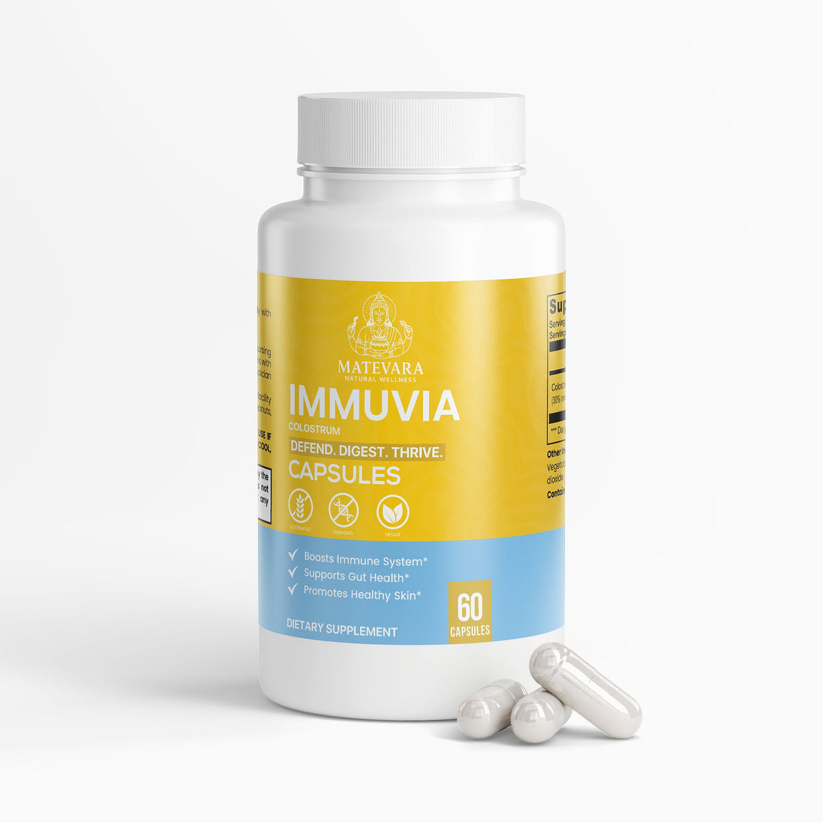 Immuvia Colostrum Capsules | 500mg with 30% IgG | Immune & Digestive Support Supplement | 60 Capsules - Matevara