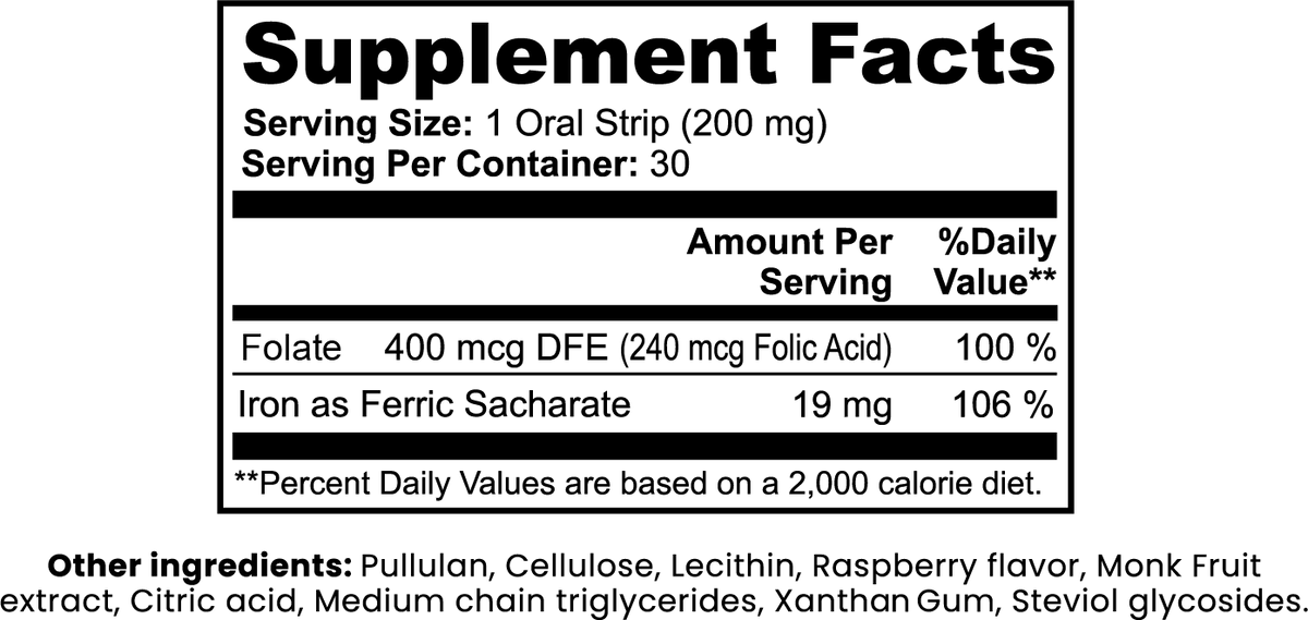 KARA Iron Strips | 19 mg Iron & 400 mcg Folate | Quick - Dissolve Raspberry Oral Strips | Energy & Red Blood Cell Support | 30 Count (1.2 oz)* - Matevara