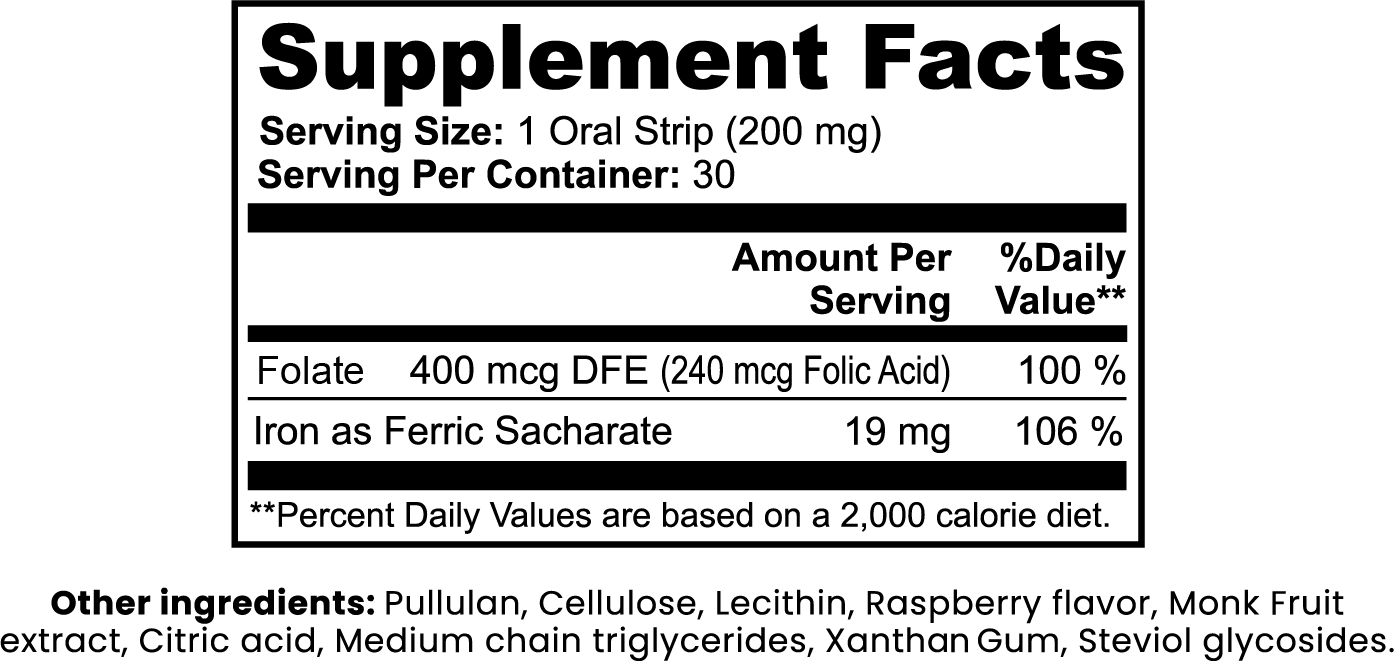 KARA Iron Strips | 19 mg Iron & 400 mcg Folate | Quick - Dissolve Raspberry Oral Strips | Energy & Red Blood Cell Support | 30 Count (1.2 oz)* - Matevara