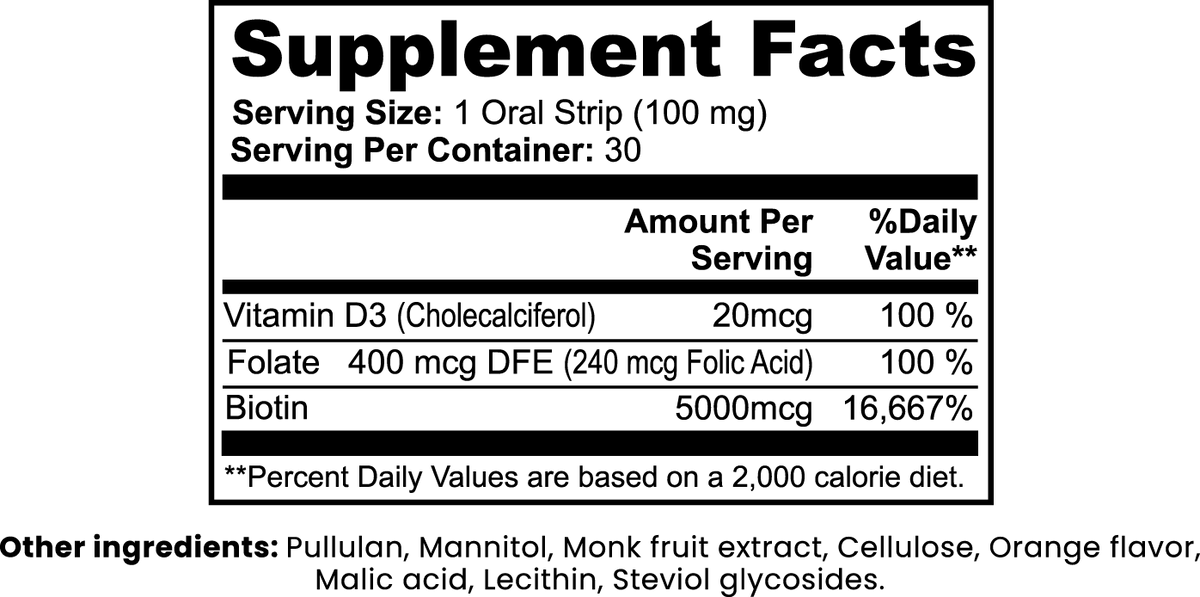 LARA Hair, Skin and Nails Strips | 5000 mcg Biotin, Folate & Vitamin D3 | Orange Flavor Oral Strips | Beauty Support Supplement | 30 Count (1.2 oz)* - Matevara