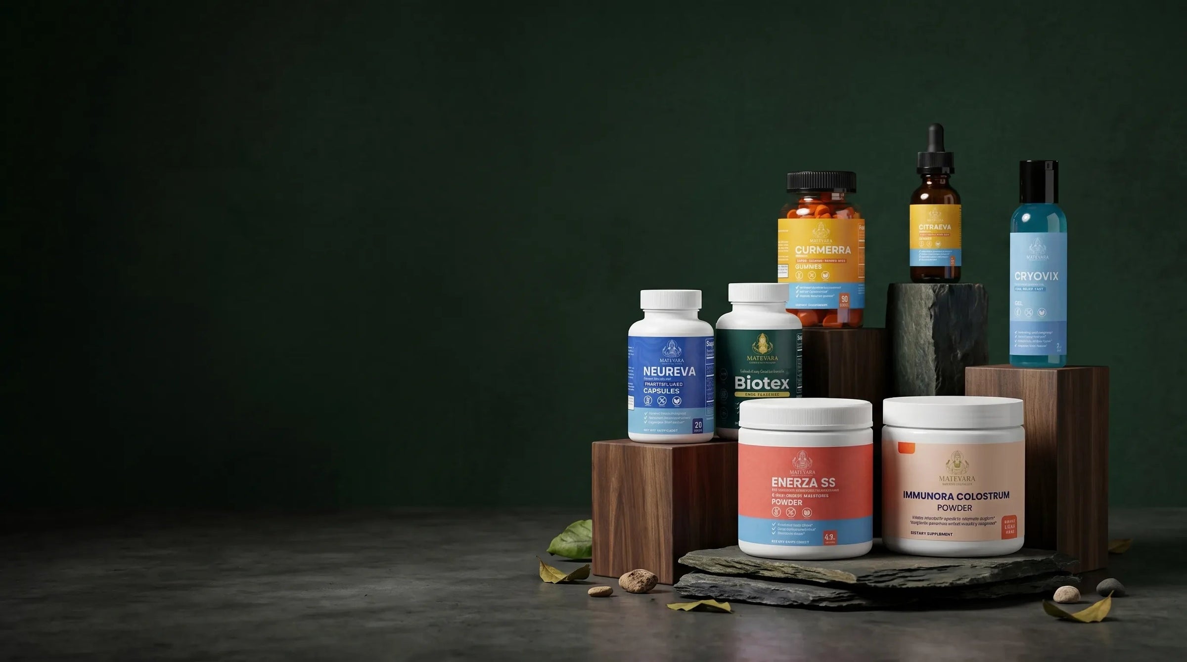 Matevara product range arranged on stone display