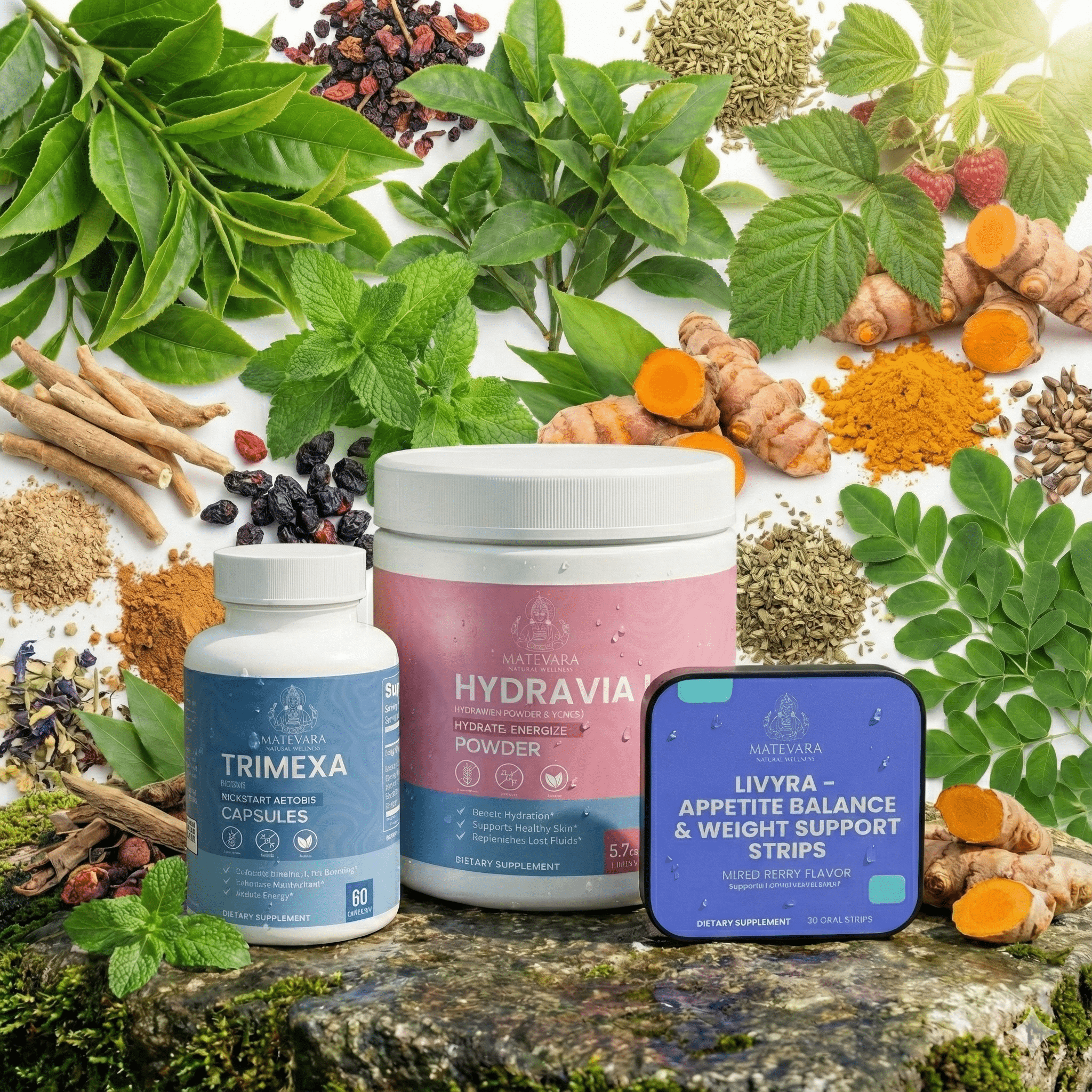 Matevara Metabolic Harmony Bundle: Trimexa Keto Support, Livyra Appetite Strips & Hydravia Electrolytes | 3 - Part Wellness System - Matevara
