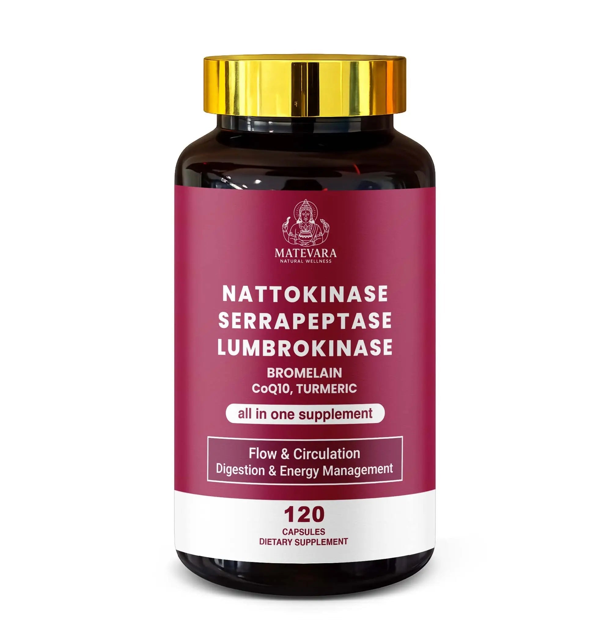 Matevara Premium Nattokinase, Serrapeptase & Lumbrokinase with CoQ10 Advanced Systemic Enzyme Formula for Healthy Circulation & Whole-Body Wellness | 120 Capsules | 60 Servings - Matevara