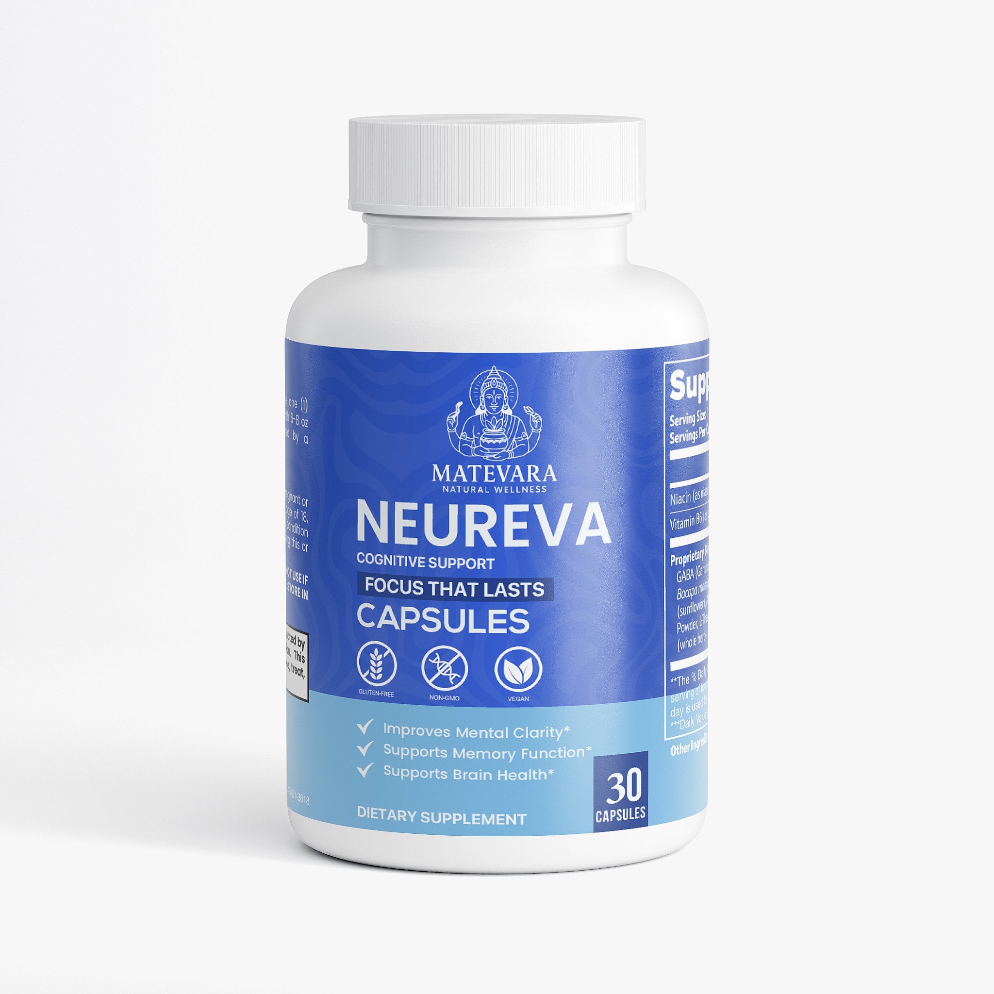 Neureva Cognitive Support | Brain Health with Bacopa, GABA, L - Tyrosine & Alpha GPC | Nootropic Capsules | 30 Count - Matevara