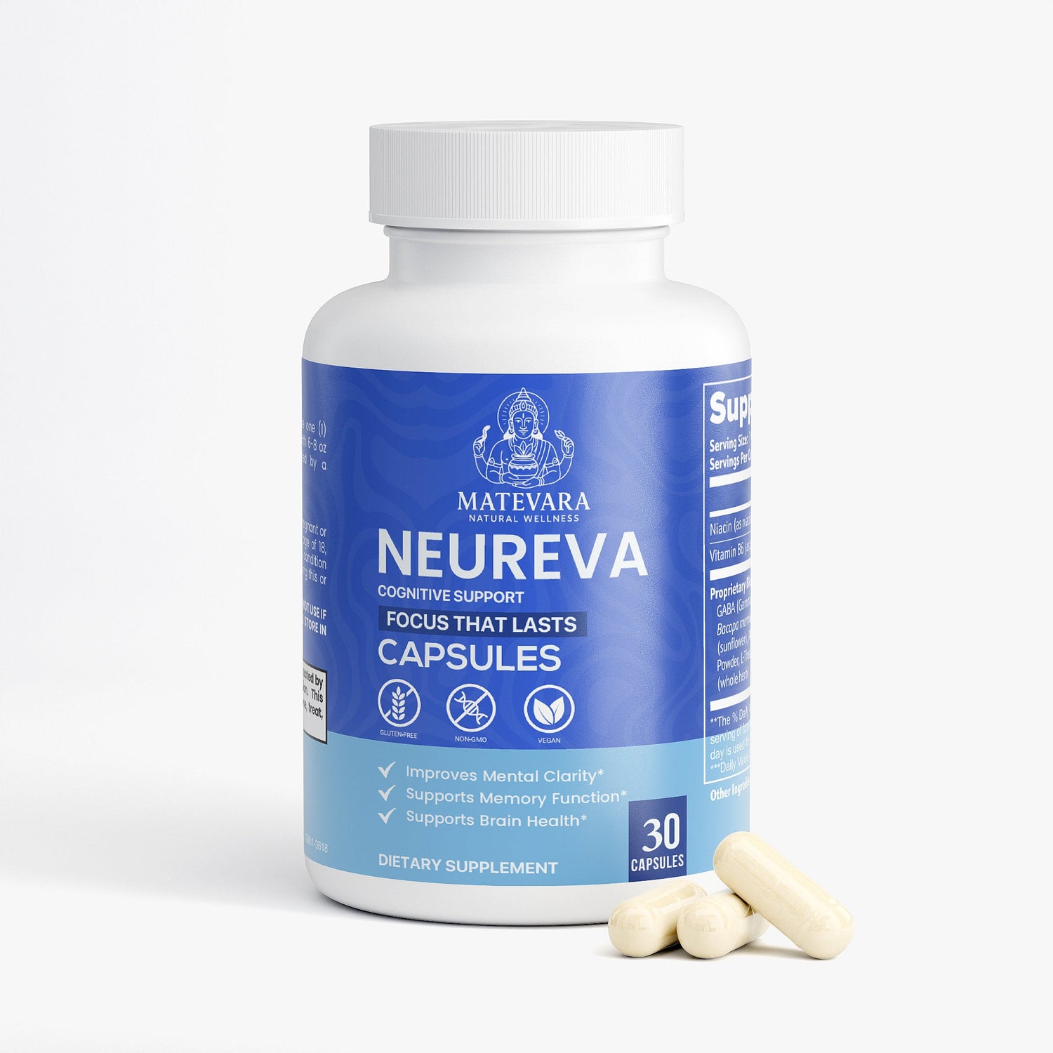 Neureva Cognitive Support | Brain Health with Bacopa, GABA, L - Tyrosine & Alpha GPC | Nootropic Capsules | 30 Count - Matevara