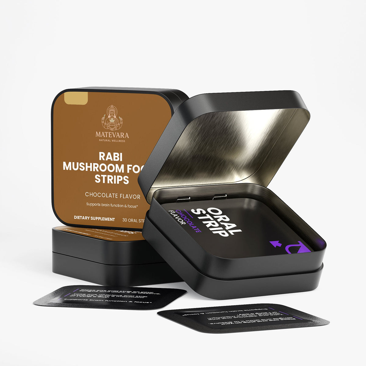 RABI Mushroom Focus Strips | Lion's Mane, Cordyceps & Maitake | Dissolvable Oral Strips | 30 Count (Chocolate) - Matevara