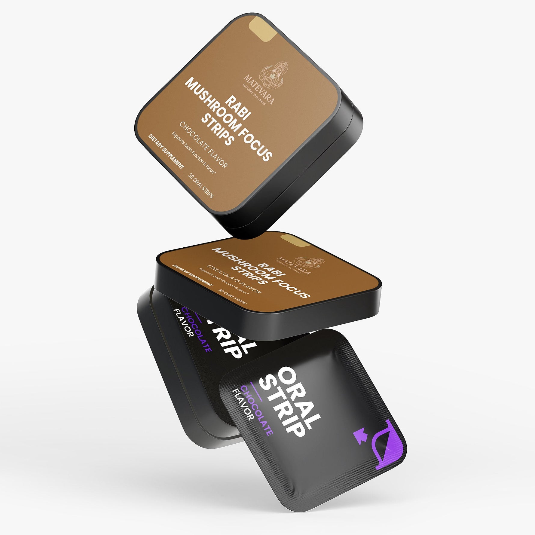 RABI Mushroom Focus Strips | Lion's Mane, Cordyceps & Maitake | Dissolvable Oral Strips | 30 Count (Chocolate) - Matevara