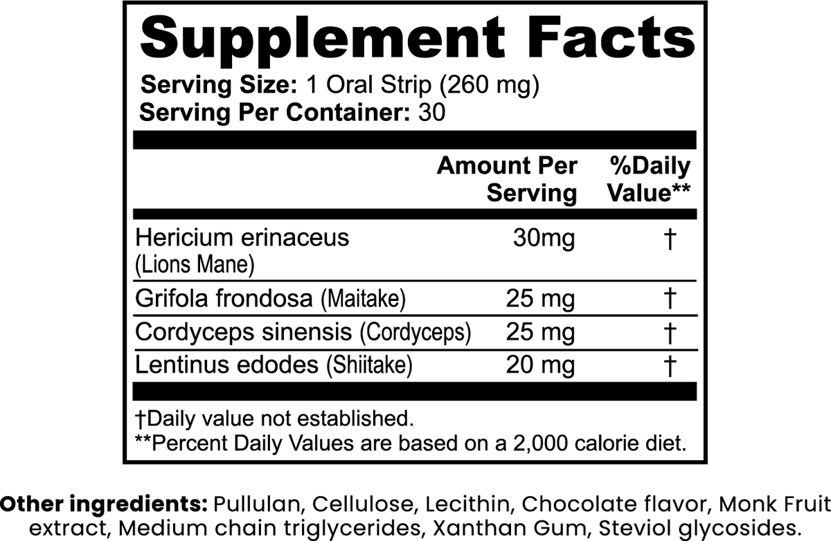 RABI Mushroom Focus Strips | Lion's Mane, Cordyceps & Maitake | Dissolvable Oral Strips | 30 Count (Chocolate) - Matevara