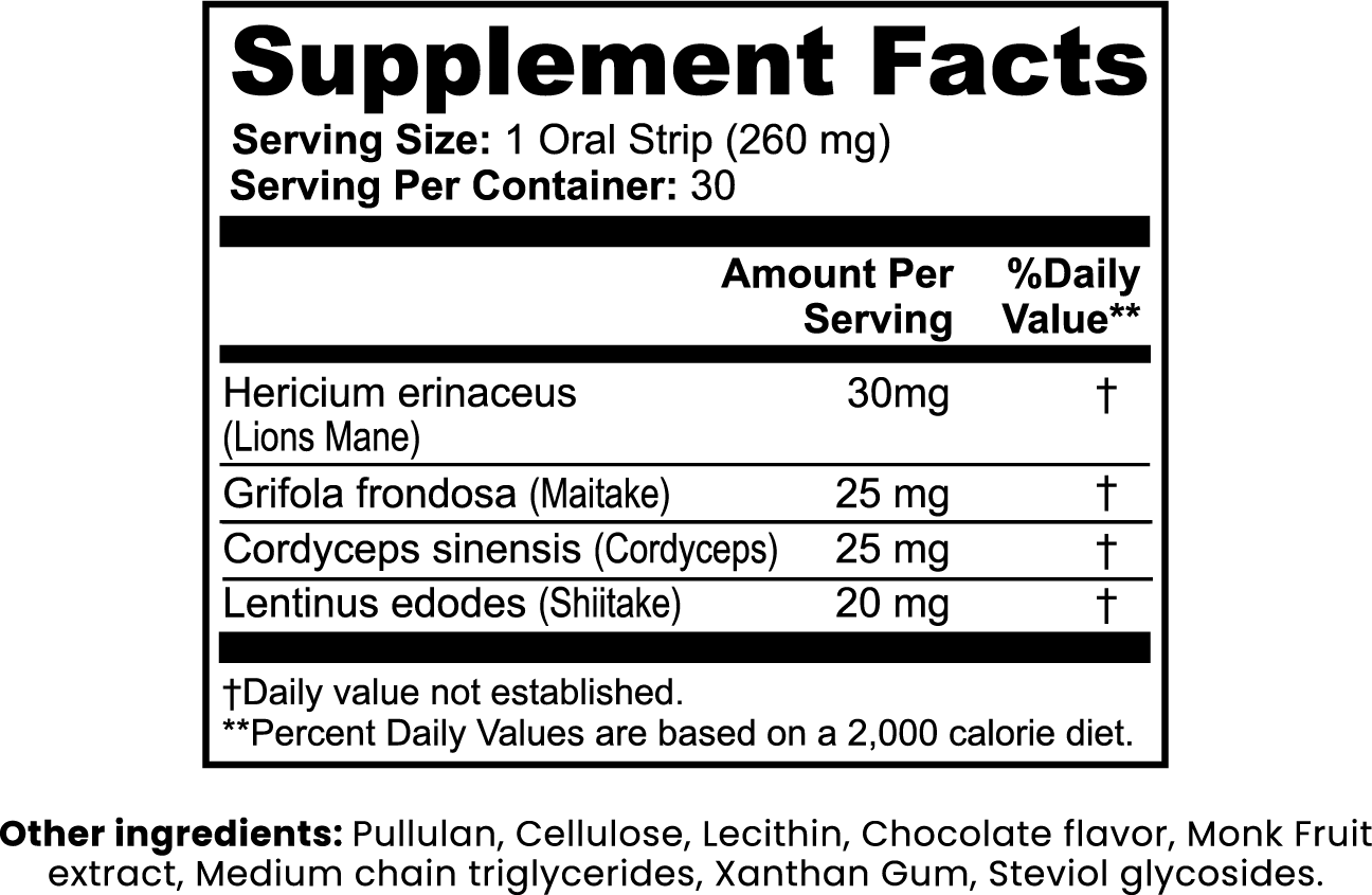 RABI Mushroom Focus Strips | Lion's Mane, Cordyceps & Maitake | Dissolvable Oral Strips | 30 Count (Chocolate) - Matevara