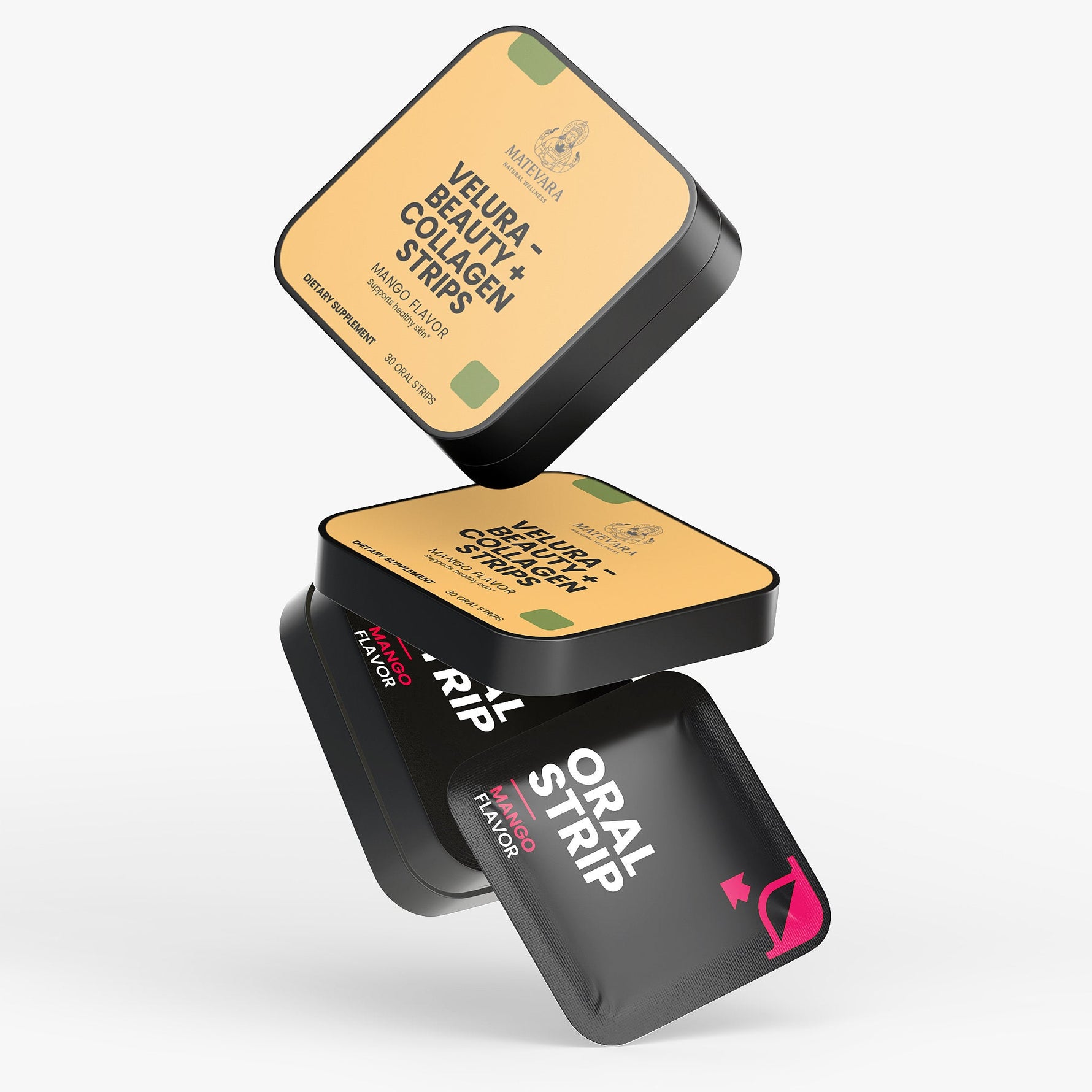 VELURA Collagen Strips | 100mg Collagen Peptides + Vitamin E | Dissolvable Oral Strips | 30 Count (Mango) - Matevara