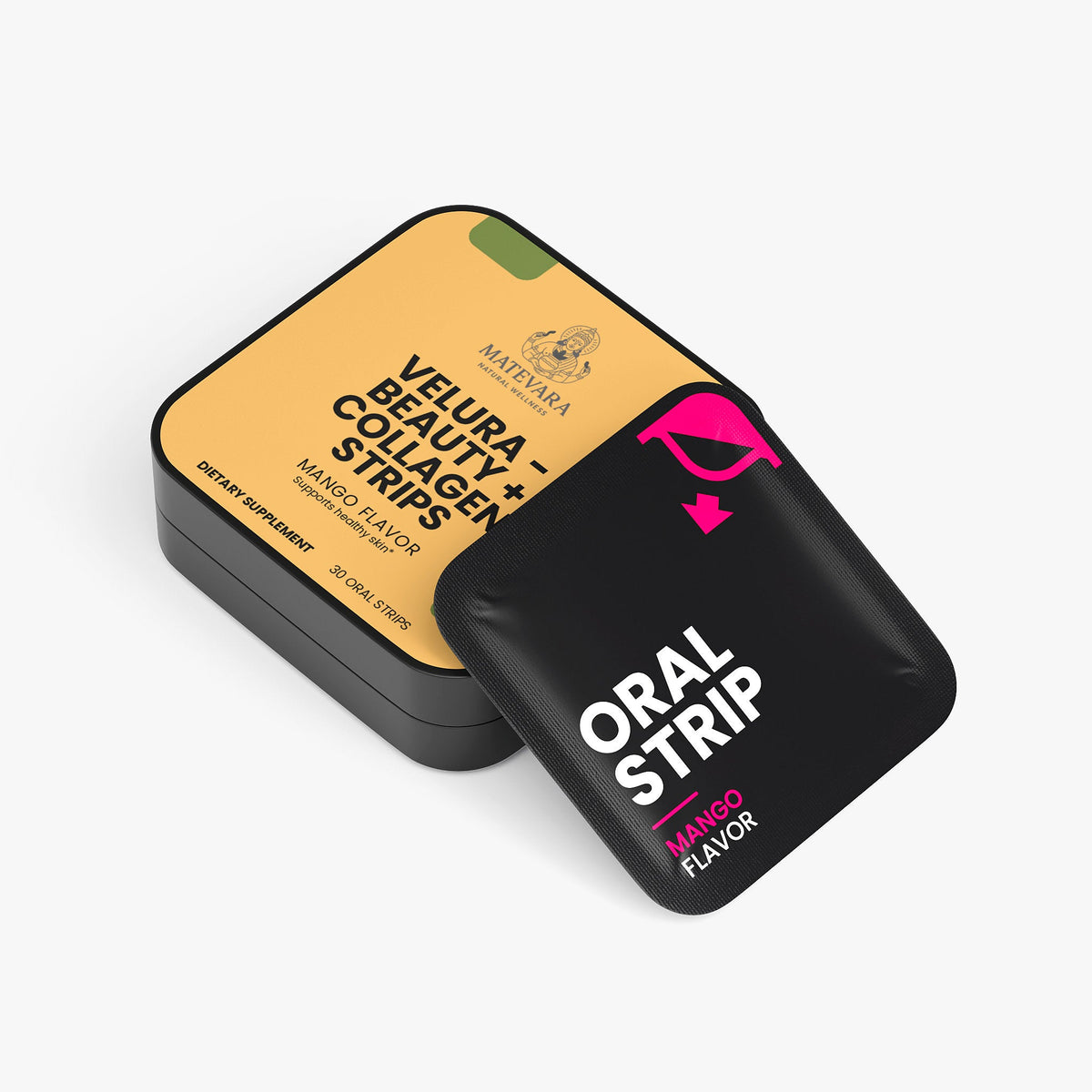 VELURA Collagen Strips | 100mg Collagen Peptides + Vitamin E | Dissolvable Oral Strips | 30 Count (Mango) - Matevara