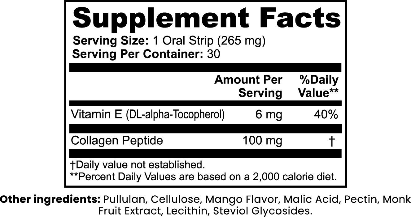 VELURA Collagen Strips | 100mg Collagen Peptides + Vitamin E | Dissolvable Oral Strips | 30 Count (Mango) - Matevara